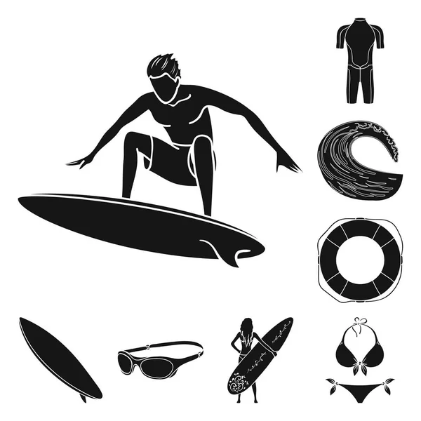 Iconos de surf y negro extremo en la colección de conjuntos para el diseño. Surfista y accesorios vector símbolo stock web ilustración . — Archivo Imágenes Vectoriales