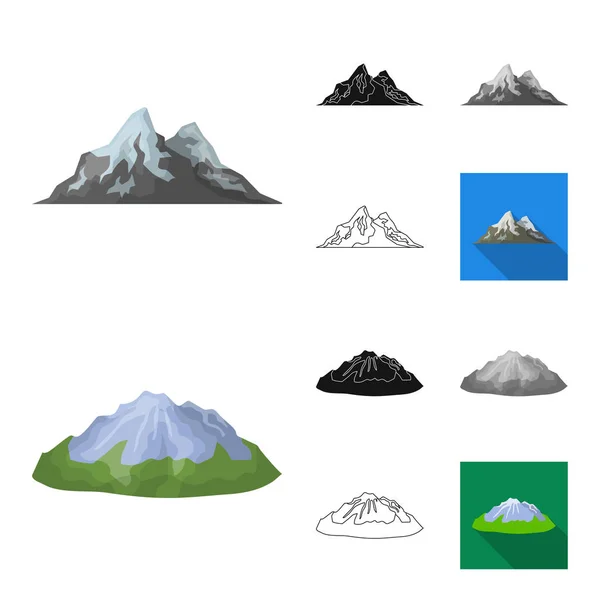 Desenhos animados diferentes das montanhas, preto, liso, monocromático, ícones do esboço na coleção ajustada para a ilustração da correia fotorreceptora do símbolo do vector das montanhas e da paisagem . —  Vetores de Stock