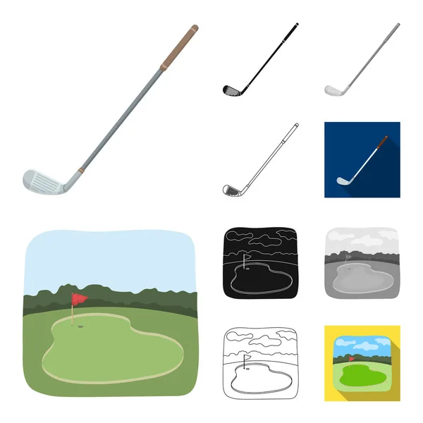 Χαρακτηριστικά και γκολφ γελοιογραφία, μονόχρωμα, μαύρο, επίπεδης διάρθρωσης εικονίδια στη συλλογή σετ για σχεδιασμό. Golf Club και εξοπλισμός σύμβολο μετοχής web εικονογράφηση διάνυσμα. — Διανυσματικό Αρχείο