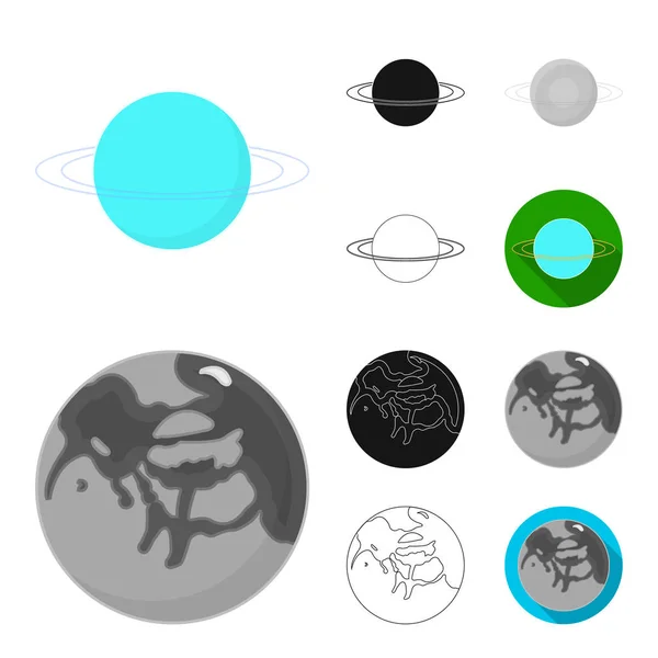 Los planetas del sistema solar de dibujos animados, negro, plano, monocromo, esbozan iconos en la colección de conjuntos para el diseño. Cosmos y astronomía vector símbolo stock web ilustración . — Vector de stock