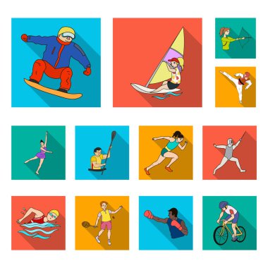 Dizayn için set koleksiyonunda farklı spor düz simgeleri var. Sporcu ve yarışmalar vektör sembolü web illüstrasyonu.