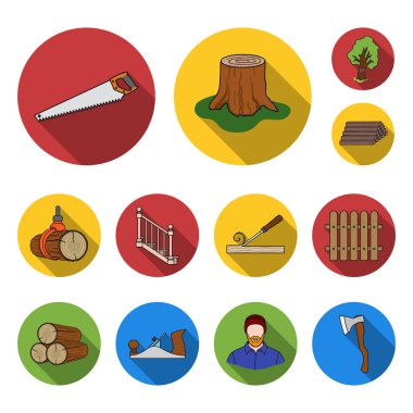 Kereste ve ahşap düz simgeler set koleksiyonu tasarım için. Donanım ve araçlar sembol stok web illüstrasyon vektör.