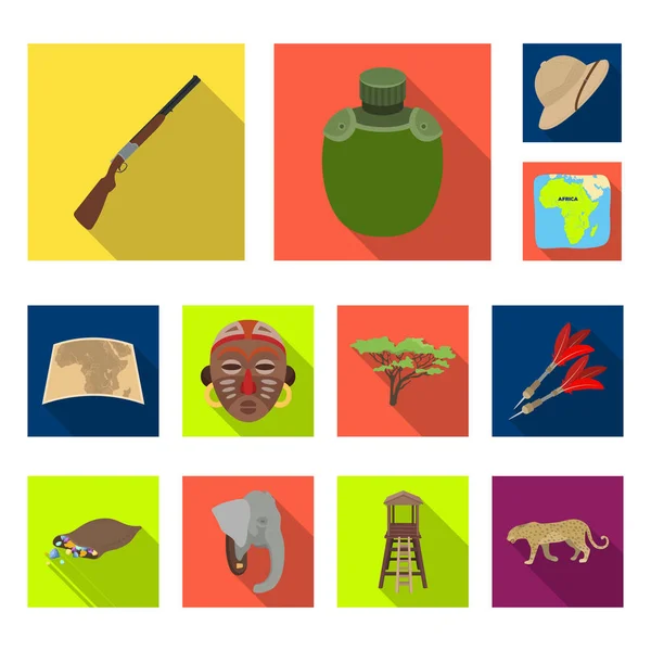 African Safari płaskie ikony w kolekcja zestaw do projektowania. Trofea i sprzęt do Safari symbol web czas ilustracja wektorowa. — Wektor stockowy