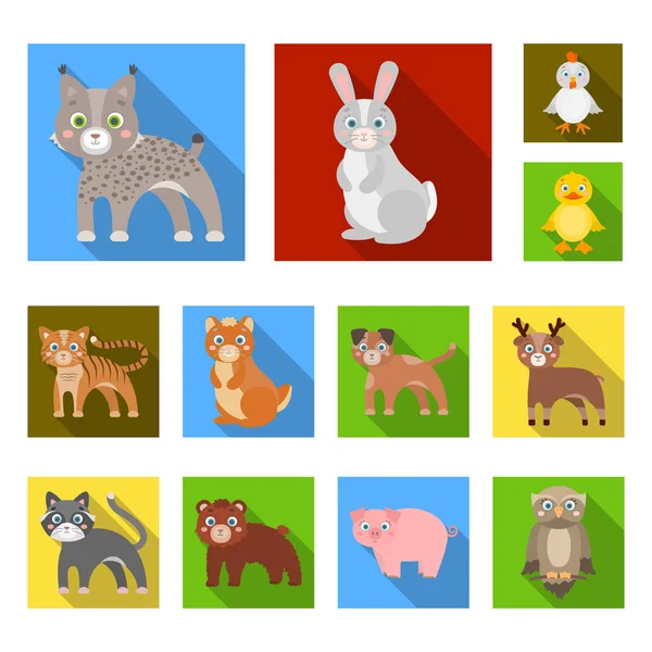 Animali giocattolo icone piatte nella collezione di set per il design. Illustrazione web stock simbolo di uccello, predatore ed erbivoro . — Vettoriale Stock