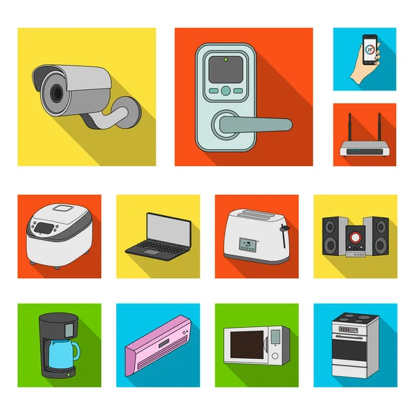 Inteligentnych urządzeń domowych płaski ikony w kolekcja zestaw do projektowania. Nowoczesne urządzenia gospodarstwa domowego symbol web czas ilustracja wektorowa. — Wektor stockowy