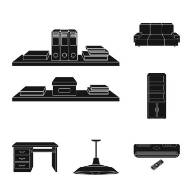 Set koleksiyonu tasarım için işyeri siyah simgeler iç. Ofis mobilya vektör simge stok web çizim.