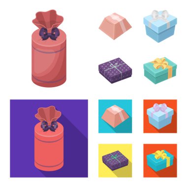 Fiyonklu hediye paketi hediye kutusu. Hediyeler ve sertifikaları çizgi film, düz stil vektör simge stok çizim web simgeler ayarla.