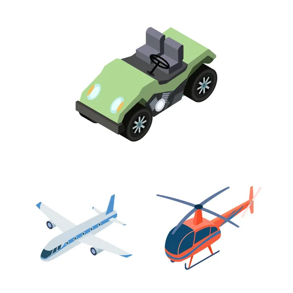 Diferentes tipos de ícones de desenhos animados de transporte na coleção de conjuntos para design. Carro e navio isométrico símbolo vetor web ilustração . — Vetor de Stock