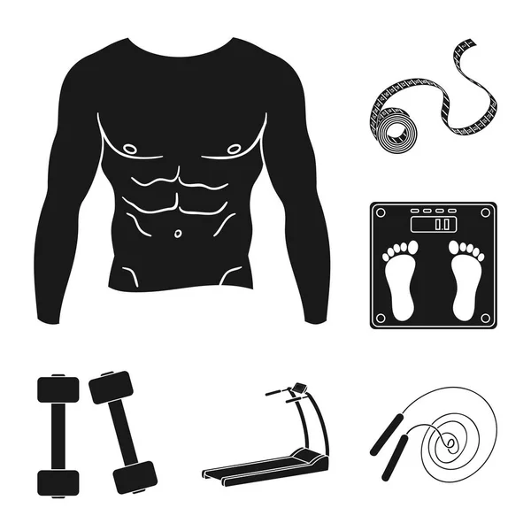 Fitness und Attribute schwarze Symbole in Set-Kollektion für Design. Fitnessgeräte Vektor Symbol Stock Web Illustration. — Stockvektor