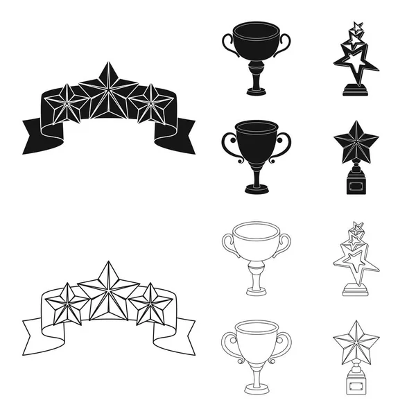 Coupe d'argent pour la deuxième place, étoiles d'or sur le stand, une tasse avec une étoile, une tasse d'or.Prix et trophées ensemble icônes de la collection en noir, contour de style vectoriel symbole illustration web . — Image vectorielle