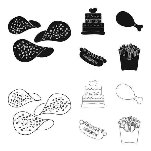 Pastel, jamón, hot dog, papas fritas. Iconos de colección de comida rápida en negro, contorno estilo vector símbolo stock ilustración web . — Archivo Imágenes Vectoriales