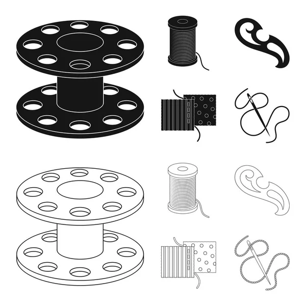 Bir makara ile konu, bir iğne, bir curl, kumaş dikiş. Dikiş veya araçları terzilik toplama simgeler siyah, anahat stili vektör simge stok çizim web ayarla.