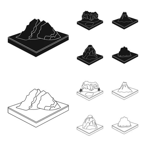 Montañas, rocas y paisaje. Relieve y montañas establecen iconos de colección en negro, contorno estilo isométrico vector símbolo stock ilustración web . — Vector de stock