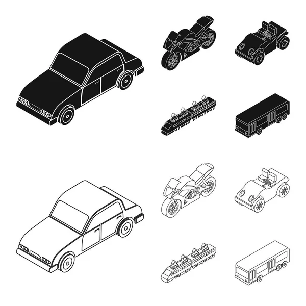 Motocicleta, carrinho de golfe, trem, ônibus. Transporte conjunto de ícones de coleção em preto, esboço estilo vetor símbolo estoque ilustração web . —  Vetores de Stock