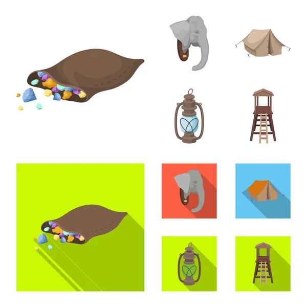 A bag of diamonds, an elephant head, a kerosene lamp, a tent. African safari set collection icons in cartoon,flat style vector symbol stock illustration web. — Stock Vector