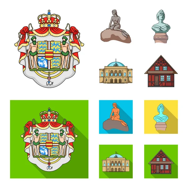 Nacional, símbolo, dibujo, y otro icono de la web en la historieta, estilo plano. Dinamarca, atributos, estilo, iconos en la colección de conjuntos . — Vector de stock
