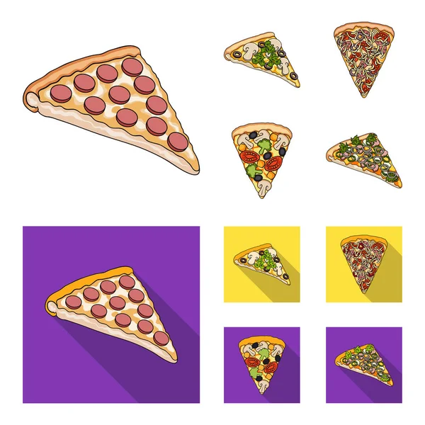 Uma fatia de pizza com ingredientes diferentes. Diferentes ícones de coleção de conjuntos de pizza em desenhos animados, estilo plano símbolo vetorial web ilustração estoque . — Vetor de Stock