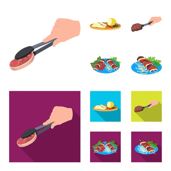 Zange mit Steak, gebratenem Fleisch auf einer Kugel, Zitrone und Oliven in Scheiben schneiden, Dönerspieß auf einem Teller mit Gemüse. Essen und Kochen Set Sammlung Symbole in Cartoon, flachen Stil Vektor Symbol Stock Illustration — Stockvektor