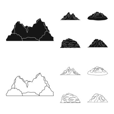 Çölde, bir karlı tepe, bir ada bir buzul, karla kaplı bir dağ ile dağlarda. Farklı dağlar toplama simgeler siyah, anahat stili vektör simge stok çizim web içinde ayarla..