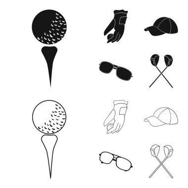 Bir top, kırmızı şapka, güneş gözlüğü, iki kulüp ile golf oynamak için bir eldiven. Golf Club toplama simgeler siyah, anahat stili vektör simge stok çizim web içinde ayarla..