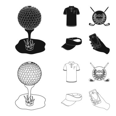 Golf club, güneşlik, golfçü gömlek, telefon bir navigator ile kap arması. Golf club toplama simgeler siyah, anahat stili vektör simge stok çizim web içinde ayarla..