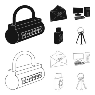 Virüs, monitör, ekran, ekran. Bilgisayar korsanları ve siyah, anahat stili vektör simge stok çizim web Hack küme koleksiyon simgeler.
