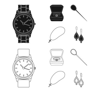 Halka bir dava, saç tokası, taş küpe, bir zincir üzerinde bir haç. Takı ve Aksesuar koleksiyon simgeler siyah, anahat stili vektör simge stok çizim web içinde ayarla.