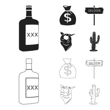 Para, salon, kovboy fuları, kaktüs torba. Vahşi Batı toplama simgeler siyah, anahat stili vektör simge stok çizim web içinde ayarla..