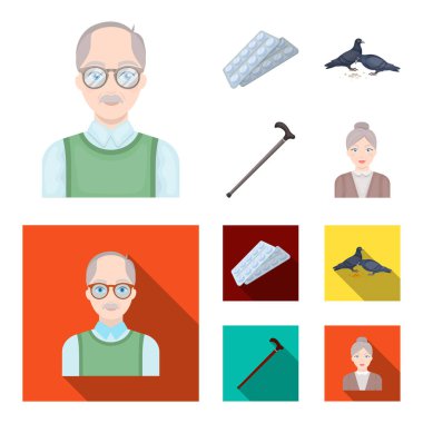 Yaşlı erkekler, tablet, güvercinler, baston yürüme. Yaşlılık toplama simgeler çizgi film, düz stil vektör simge stok çizim web ayarla..