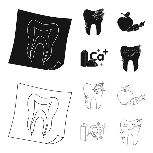 En tand med strålande mousserande, ett äpple med morötter användbar för tänder, mjölk i en låda, ost och ett tecken av kalcium, en leende tand. Tandvård som samling ikoner i svart, disposition stil vektor — Stock vektor