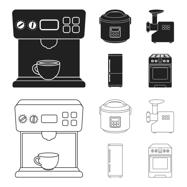 Multivarka, refrigerador, molinillo de carne, estufa de gas. Iconos de colección conjunto del hogar en negro, contorno estilo vector símbolo stock ilustración web . — Vector de stock