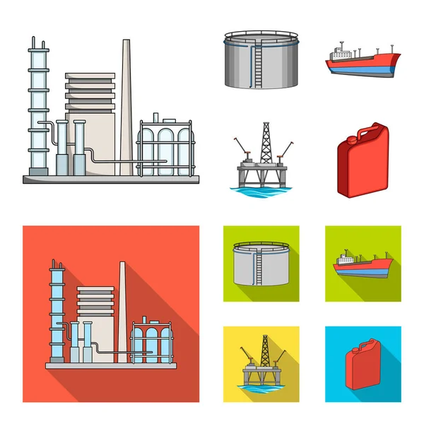 Ölraffinerie, Tank, Tanker, Turm. Öl Set Sammlung Symbole in Cartoon, flachen Stil Vektor Symbol Stock Illustration Web. — Stockvektor