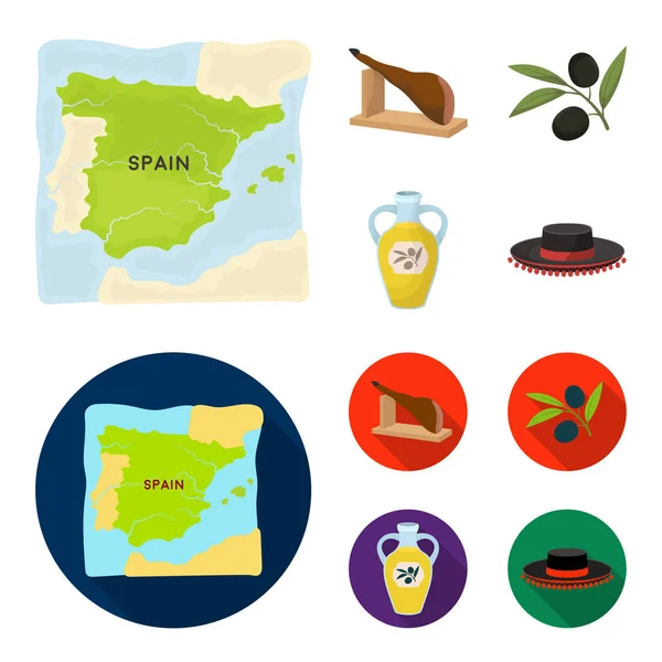 Carte de l'Espagne, plat national jamon, olives sur une branche, huile d'olive dans une bouteille. Espagne pays set collection icônes en dessin animé, plat style vectoriel symbole illustration web . — Image vectorielle