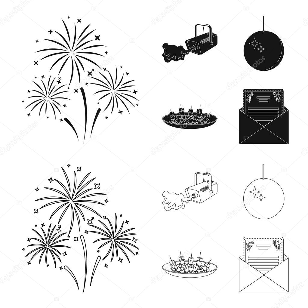 A video camera with smoke, a twirling holiday ball, a plate of sandwiches, an envelope with a greeting card. Event services set collection icons in black,outline style vector symbol stock illustration