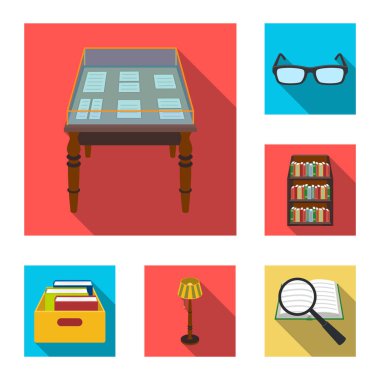 Kütüphane ve kitabevi düz simgeler set koleksiyonu tasarım için. Kitap ve mobilyalar sembol stok web illüstrasyon vektör.