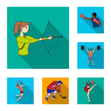 Dizayn için set koleksiyonunda farklı spor düz simgeleri var. Sporcu ve yarışmalar vektör sembolü web illüstrasyonu.
