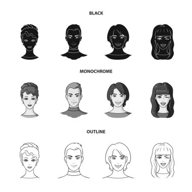 Gençlerin farklı görünüyor. Avatar ve yüz toplama Icons set siyah, tek renkli, anahat stili vektör simge stok çizim web.