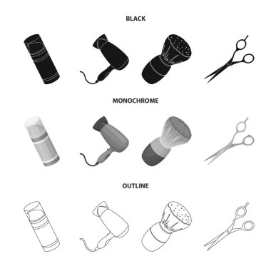 Fırça, makas, Elektrikli saç kurutma makinesi ve ekipman erkek kuaför salonu için diğer. Berber dükkanı koleksiyonu Icons set siyah, tek renkli, anahat stili vektör simge stok çizim web.