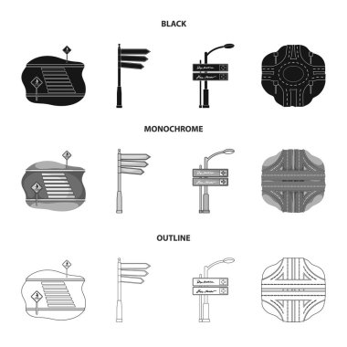 Yön işaretleri ve diğer web simge siyah, tek renkli, anahat stili. Yol kavşak ve işaretler simgeler kümesi koleksiyonundaki.