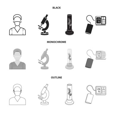 Tüp bebek bitki, Hemşire, mikroskop, tonometer. Tıp koleksiyonu Icons set siyah, tek renkli, anahat stili vektör simge stok çizim web.