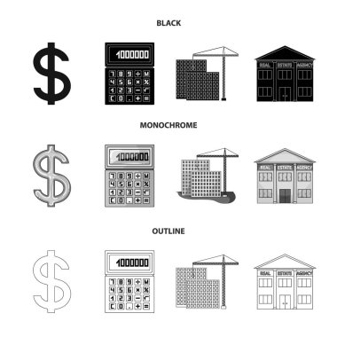Hesap makinesi, dolar işareti, yeni bina, Emlak Ofisleri. Emlakçı koleksiyonu Icons set siyah, tek renkli, anahat stili vektör simge stok çizim web.