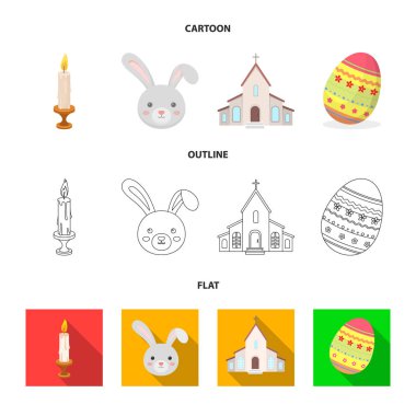 Kilise, mum, Paskalya tavşanı ve boyalı yumurta. Paskalya koleksiyonu Icons set çizgi film, anahat, düz stil vektör simge stok çizim web.