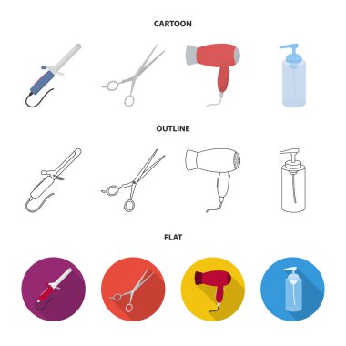 Saç kurutma makinesi, saç kurutma makinesi, losyon, makas. Kuaför koleksiyonu Icons set çizgi film, anahat, düz stil vektör simge stok çizim web.