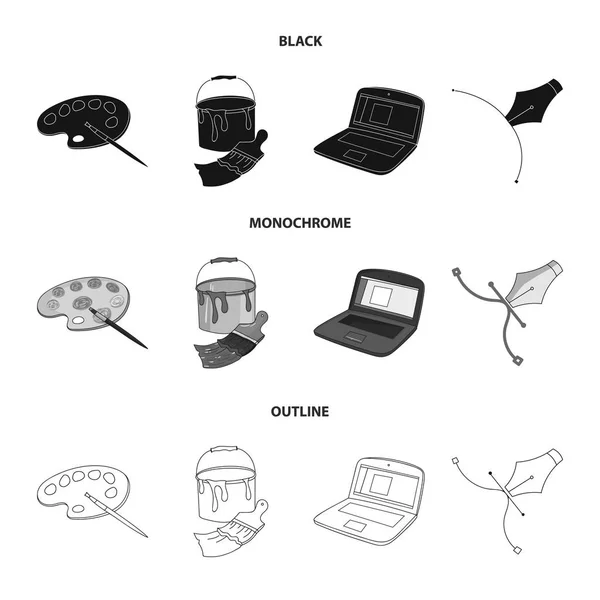 Uma paleta com um pincel, um balde com um pincel, um computador, uma ferramenta, uma caneta.Artista e desenho conjunto coleção ícones em preto, monocromático, estilo esboço vector símbolo ilustração web . —  Vetores de Stock