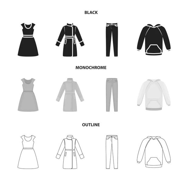 Klänning med korta ärmar, byxor, rockar, raglan. Kläder som samling ikoner i disposition stil vektor symbol stock illustration web, svart, svartvitt. — Stock vektor