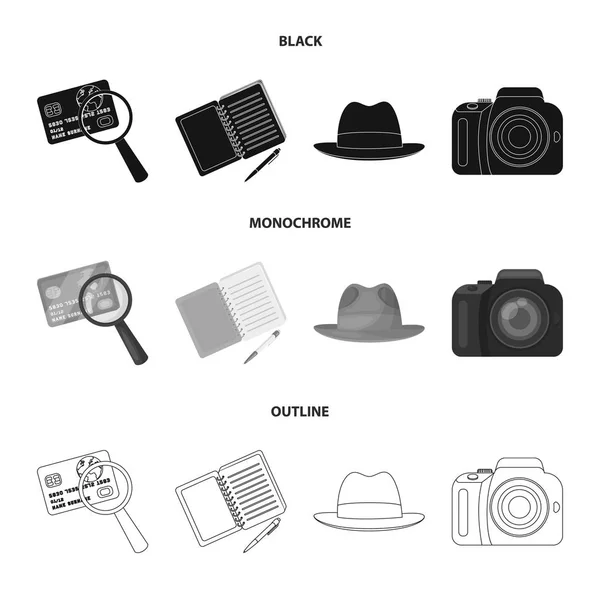 Kamera, nagyító, kalap, tollal a jegyzetfüzet. Detektív készlet gyűjtemény ikonok-ban fekete, fekete-fehér, vázlat stílusú vektor szimbólum stock illusztráció web. — Stock Vector