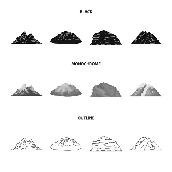 Berg i öknen, en snöig topp, en ö med en glaciär, en snöklädda berg. Olika bergen som samling ikoner i disposition stil vektor symbol stock illustration web, svart, svartvitt — Stock vektor