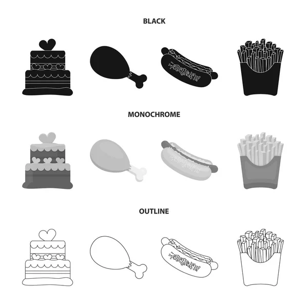 Ciasto, szynka, Hot-Dog, frytki. Fast food zestaw kolekcji ikon w czarny, czarno-biały, www ilustracji symbol wektor zarys styl. — Wektor stockowy
