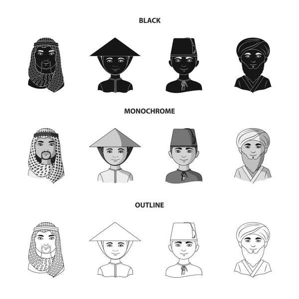 Арабы, турки, вьетнамцы, азиаты. Иконки коллекции человеческих рас в черном, монохромном, набросок векторных символов стиля иконок . — стоковый вектор