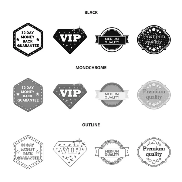 Garantie de remboursement, vip, qualité moyenne, qualité premium Étiquette, set icônes collection en noir, monochrome, contour style vectoriel symbole illustration web . — Image vectorielle